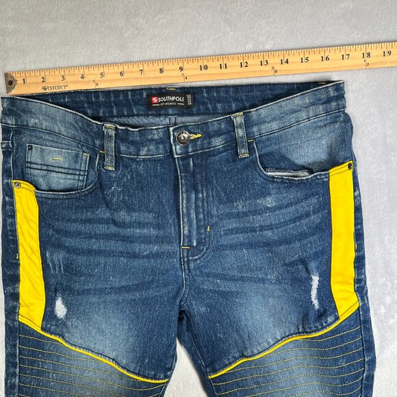 South Pole Jeans Mens 34x32 Blue Denim Dark Acid Wash Skinny Moto Biker Hip Hop - Picture 8 of 11